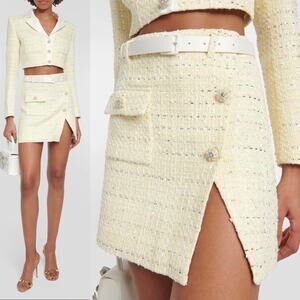 Self Portrait Yellow Boucle Tweed Crystal Button Mini Skirt Size 6